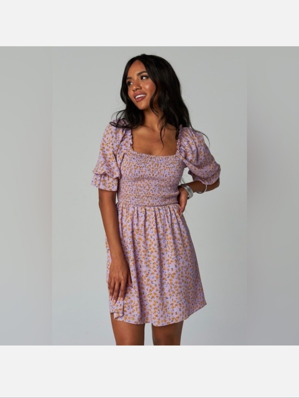 Buddy Love Lilac Floral Smocked Square-Neck Mini Dress, NWT